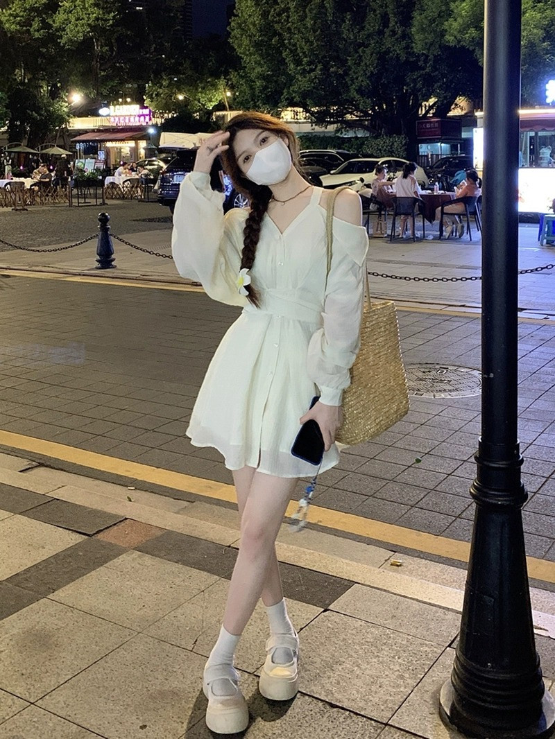 奶系温柔风挂脖式防晒连衣裙短裤套装多马胺夏秋收腰露肩A字短裙,淘宝优惠券,粉丝福利购,淘宝优惠卷