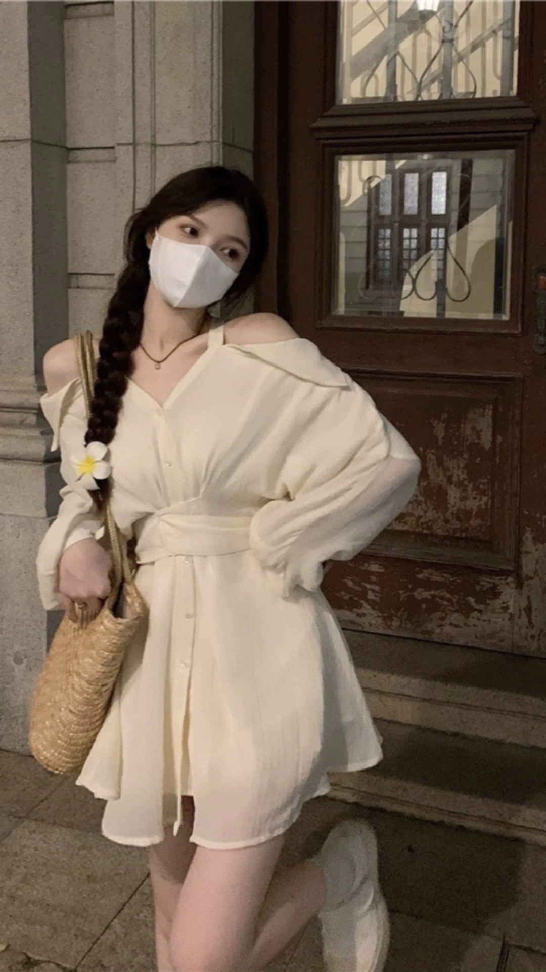 奶系温柔风挂脖式防晒连衣裙短裤套装多马胺夏秋收腰露肩A字短裙,淘宝优惠券,粉丝福利购,淘宝优惠卷