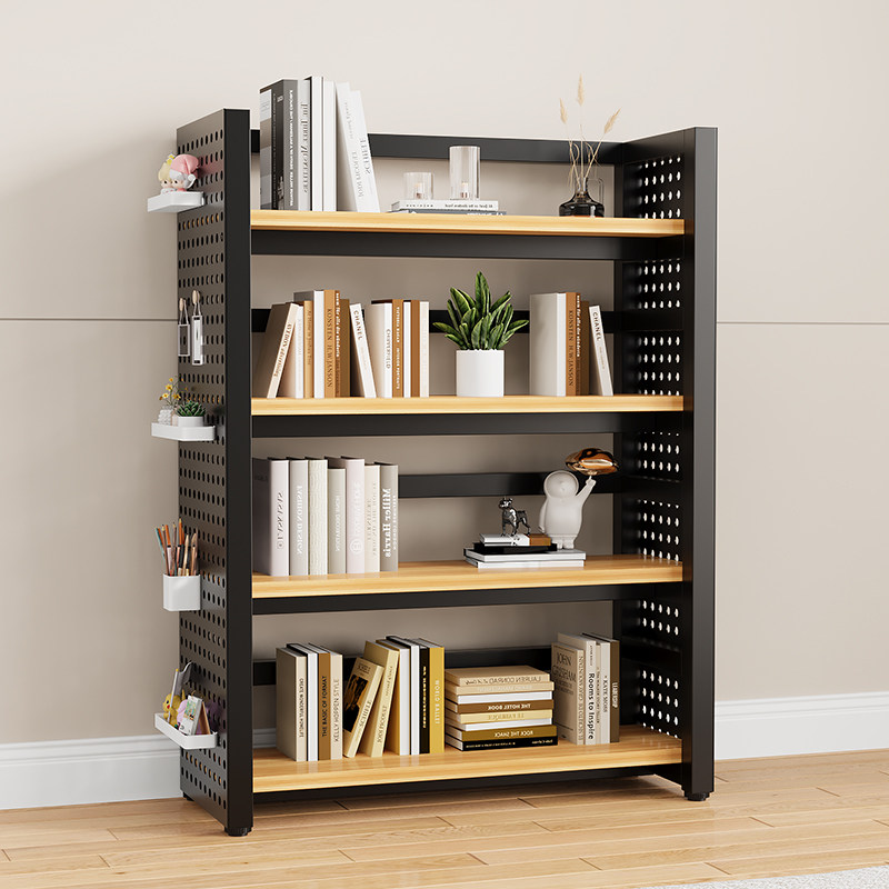 Multi-layer perforated board storage iron bookshelf against the wall