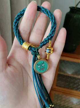 五行属木绿色系绿财神藏式唐卡手绳唐卡手绳手搓棉线手工编织手链