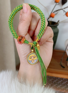 手绘文殊唐卡兔生肖本命手绳显白绿色手工编织手绳