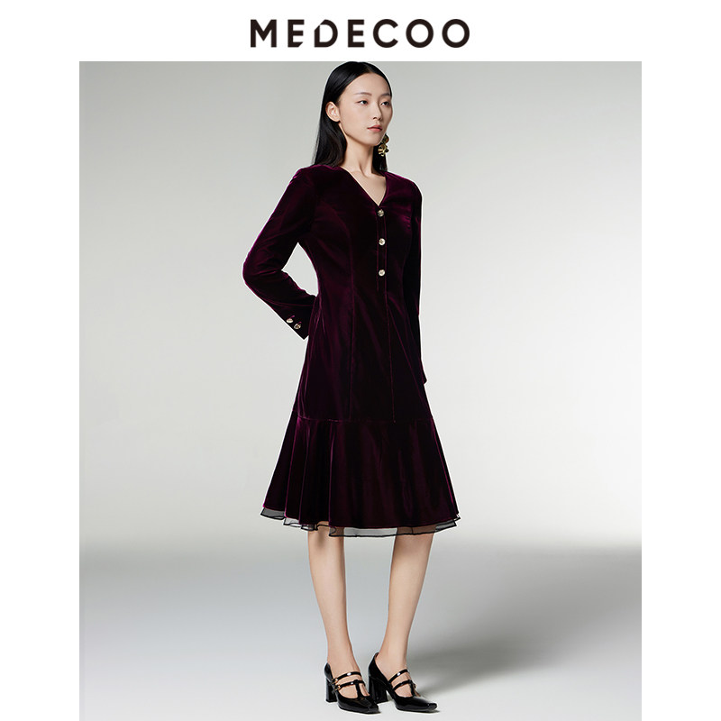 MEDECOO/墨蒂珂2024秋新款女装收腰丝绒连衣裙高级感裙子MID90420,淘宝优惠券,粉丝福利购,淘宝优惠卷