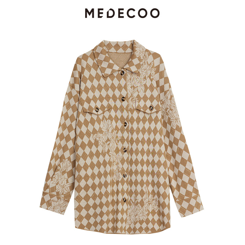 MEDECOO/墨蒂珂2024秋季新款格子印花衬衫式羊毛针织开衫MID40203,淘宝优惠券,粉丝福利购,淘宝优惠卷