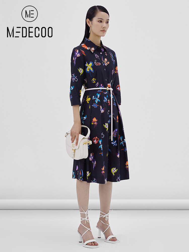 MEDECOO/墨蒂珂2022春季新款修身衬衫式裙子七分袖印花女式连衣裙 - 图0