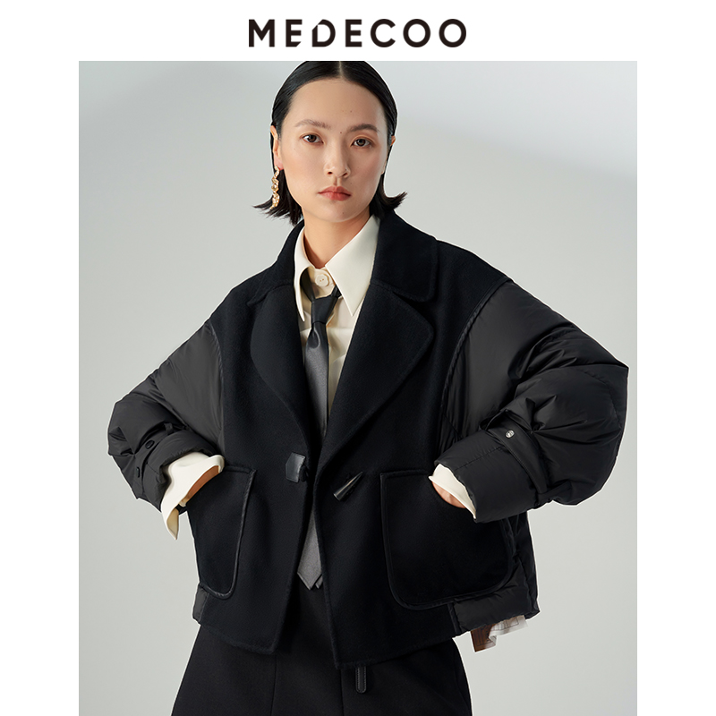 MEDECOO/墨蒂珂2023冬季新品牛角扣灯笼袖拼接短款羽绒服MHD11107 - 图0