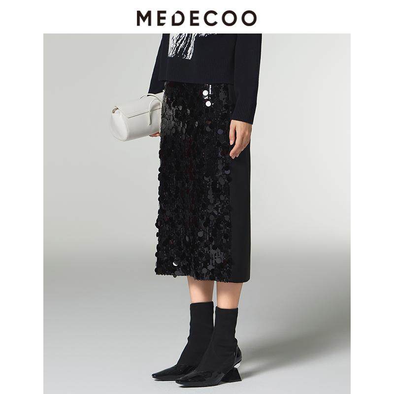 MEDECOO/墨蒂珂2025冬新款女装亮片装饰直身半身裙一步裙MID70217,淘宝优惠券,粉丝福利购,淘宝优惠卷