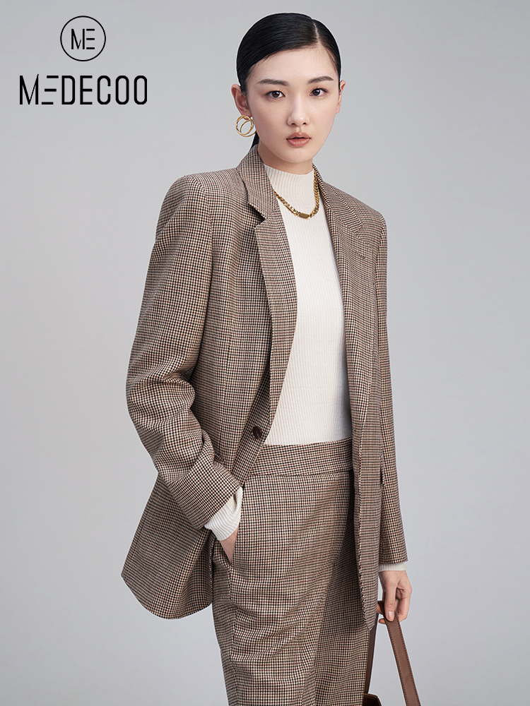 MEDECOO/墨蒂珂2022秋季新款格纹西服套装直筒休闲外套女MGQ31101 - 图0