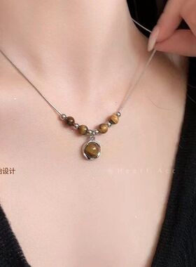 复古皮革虎眼石项链女中式叠戴choker小众颈链百搭气质锁骨链配饰