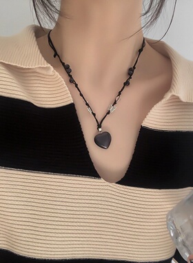 ins韩版小众设计串珠爱心项链 暗黑蝴蝶甜酷风轻奢可调节锁骨链