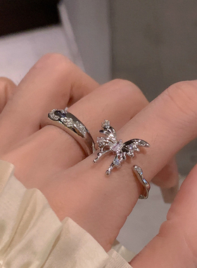 嘟嘟夫妇银色蝴蝶开口戒指女小众高级感指环个性镶钻可调节食指戒