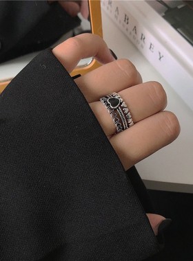 做旧黑色桃心爱心复古三层指环