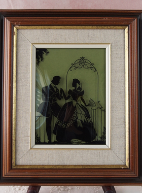 西洋收藏品 美国凸面镜玻璃情侣剪影装饰画一对 人物挂画装饰摆件