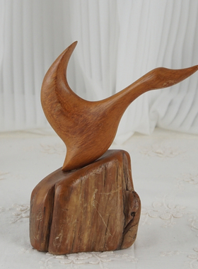 西洋收藏品 个人艺术家手工雕刻铁木水鸟 复古居家木雕装饰摆件