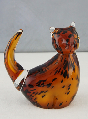 西洋收藏品 意大利手工制作玻璃可爱小猫 欧式居家装饰中古摆件