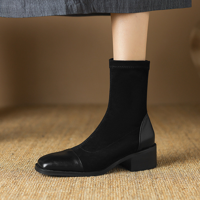 ladyblack方头拼接绒面弹力瘦瘦短靴女粗中跟套筒大码单靴子41-43,淘宝优惠券,粉丝福利购,淘宝优惠卷