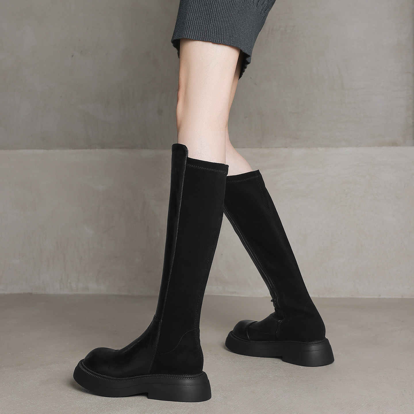 ladyblack厚底中跟显瘦弹力拼接高筒长靴女秋冬大小码骑士靴41-43,淘宝优惠券,粉丝福利购,淘宝优惠卷