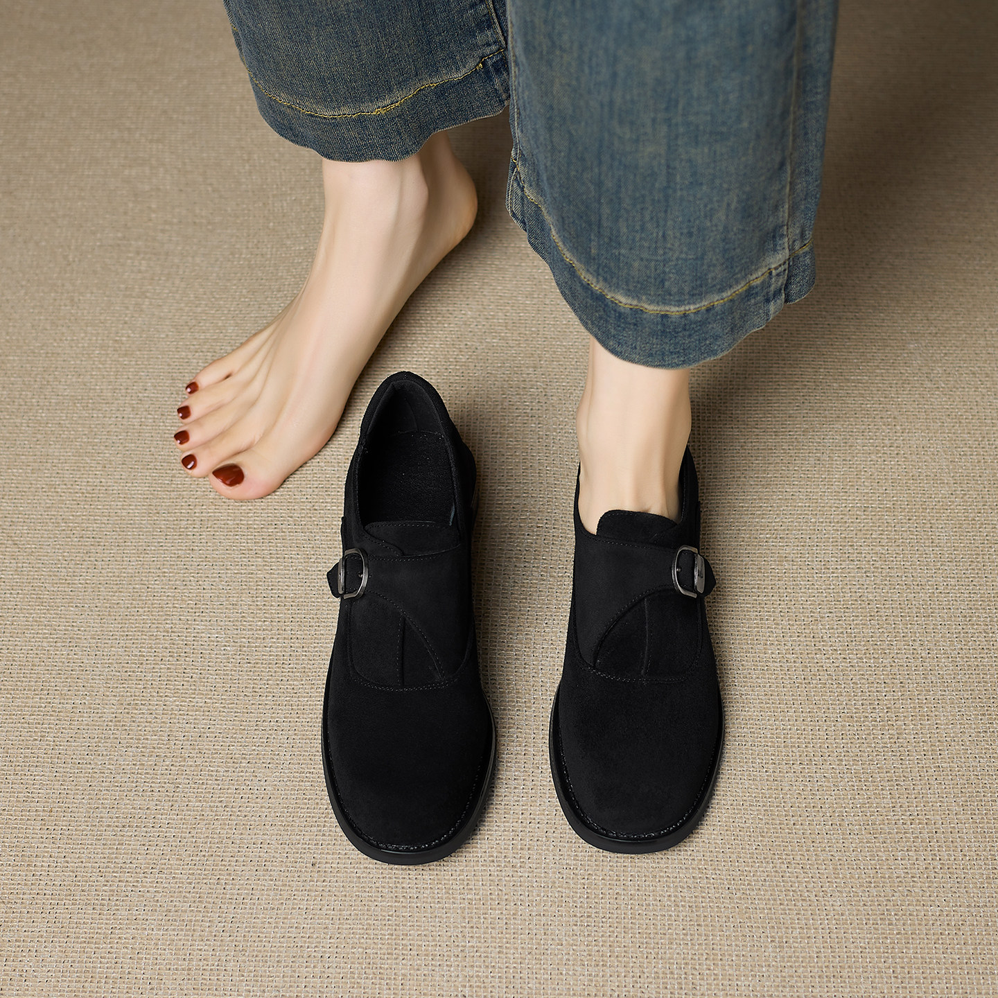 ladyblack粗低跟复古圆头乐福鞋女皮带扣绒面深口大码单鞋子41-43,淘宝优惠券,粉丝福利购,淘宝优惠卷