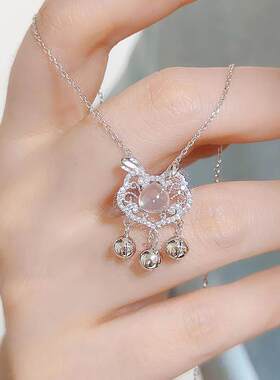 S纯银平安锁项链女粉水晶