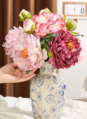 焦边牡丹仿真花 复古油画烤边芍药绢花室内客厅家居摆件摄影道具