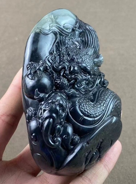 新疆和田玉籽料青花聚墨龙行天下手把件