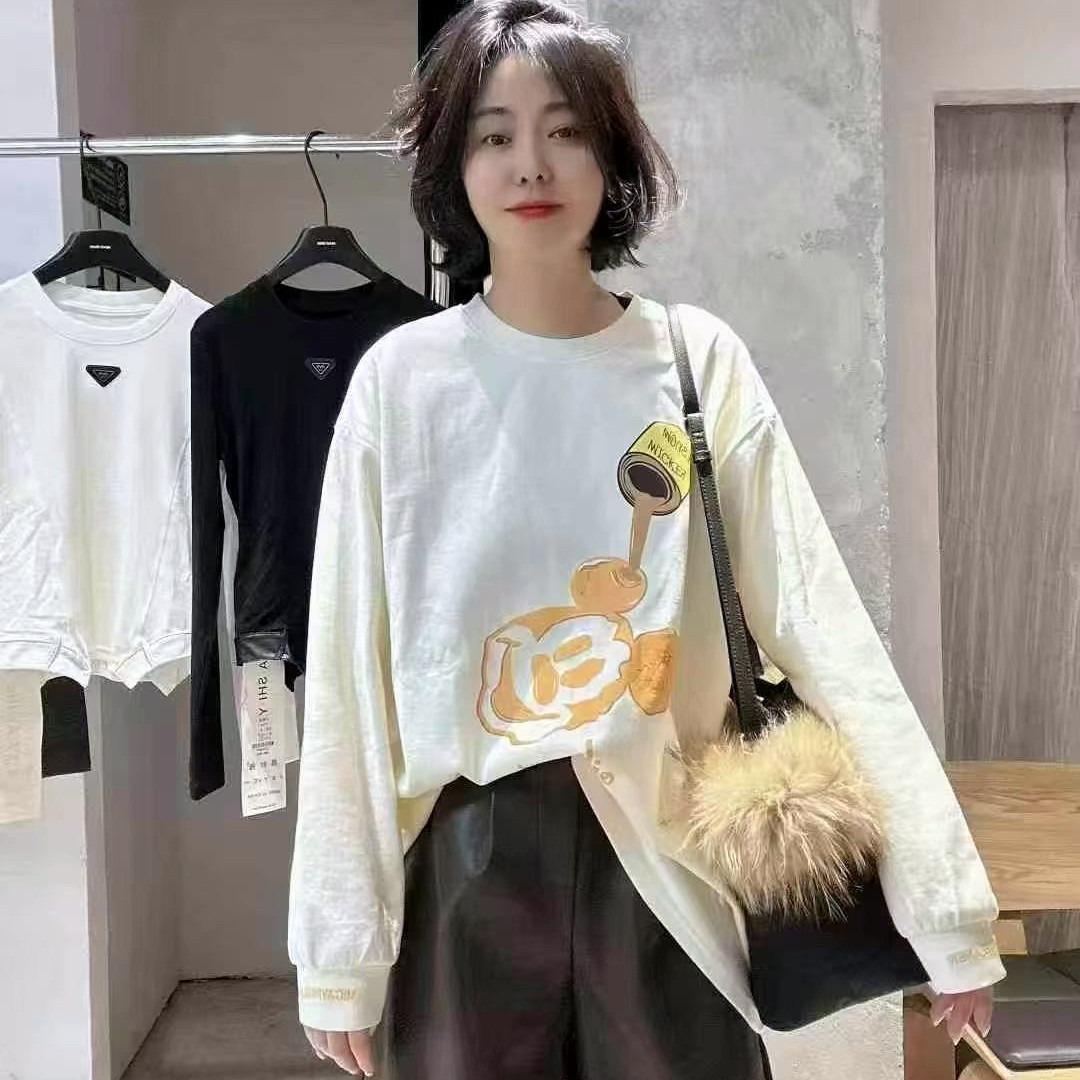 欧货十三行洋气女装黑白宽松中长款长袖T恤上衣过臀显瘦百搭大码 - 图2