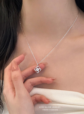 蝴蝶结流苏吊坠项链女微镶锁骨链