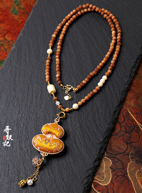 原创宋锦双面福禄吊坠老山檀木象牙白项链国风汉服气质旗袍配链