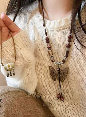 波西米亚异域民族风蝴蝶项链女新中式复古长款吊坠毛衣链挂脖配饰