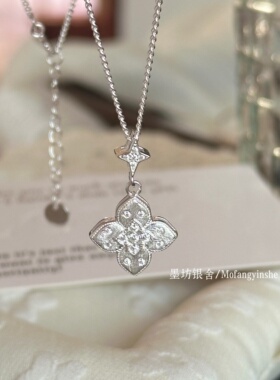 拉丝镶钻幸运四叶草项链中古风