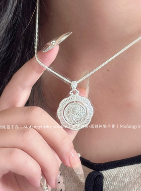 原创足银999新中式莲花银锁可转动纯银平安锁编绳项链女宝宝福锁