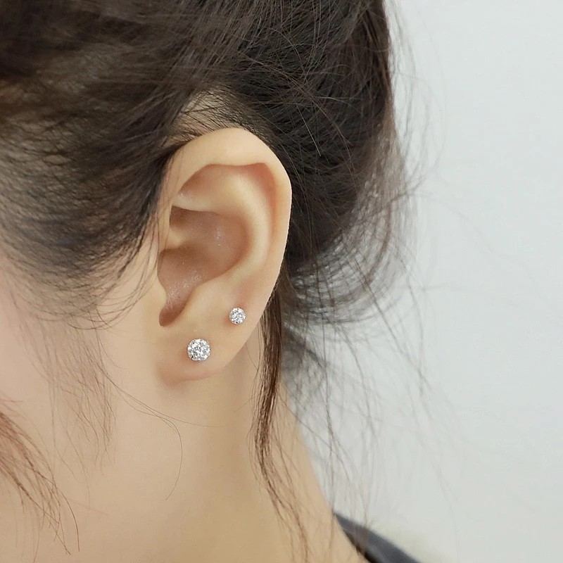 S999足银超闪双头满钻球耳骨钉女不过敏纯银养耳洞螺丝拧扣耳饰 - 图1