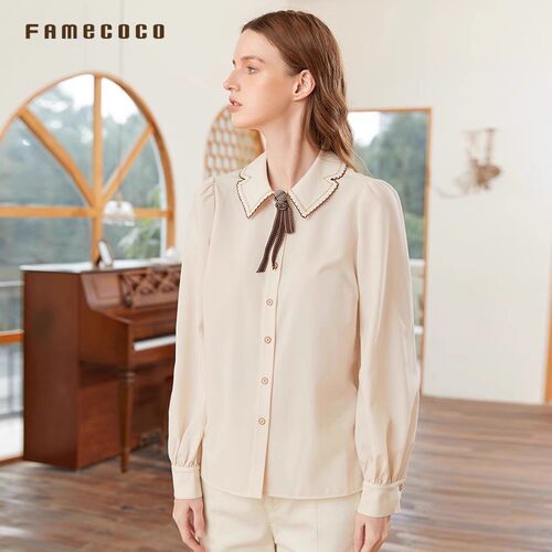 Famecoco范可儿文艺气质刺绣花边领衬衫宽松灯笼袖衬衣FAB1BA013 - 图0