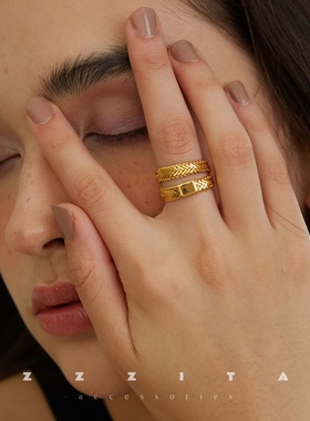 金色双层蛇骨链戒指欧美复古