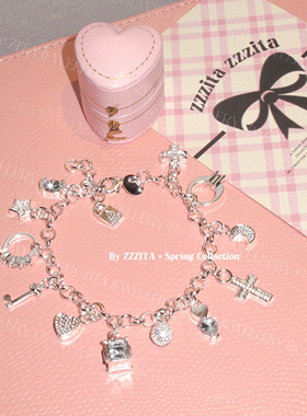 ZZZITA 无人区玫瑰·Rosy Date～重工多吊坠闪钻银色十字架手链