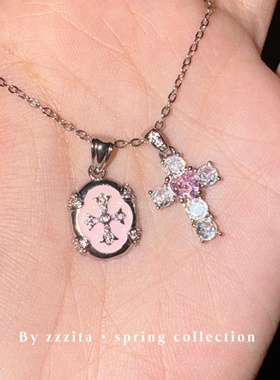 ZZZITA 甜心脉冲•美式复古辣妹银色闪钻十字架项链设计感锁骨链
