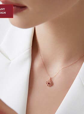 18K金四叶草红宝石项链 女纯银宫廷窗花鸢尾花锁骨链情人节礼物潮