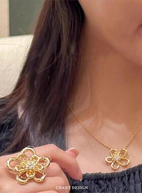 18K金绽放大花朵项链 女纯银五花锁骨链四叶草礼物情人节黄金钻石
