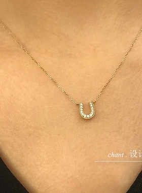日本18K金U型项链女马蹄形黄金锁骨链钻石纯银幸运颈链情人节礼物