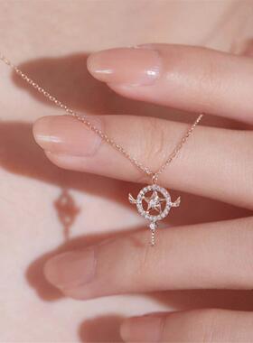 仙女星纯银镀玫瑰金18.K魔法星仙女棒项链女镶钻月亮星星魔法棒潮