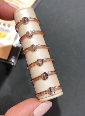 韩国LΟΥO字母戒指女10K金黄金钻石指环纯银26字母免费刻字潮