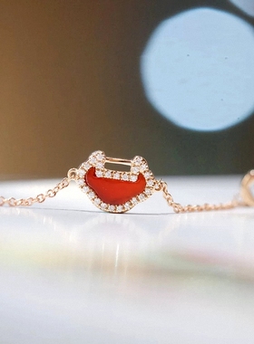 如意锁手链 女平安锁18K玫瑰金纯银红玉髓手镯手环钻石小锁本命年