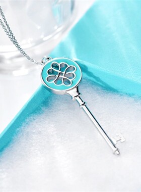 中国结蓝色珐琅钥匙项链女白金纯银太阳花毛衣链长款时尚个性礼物