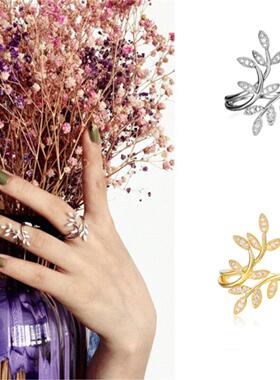 加拿大设计师橄榄枝戒指纯银镀黄金色 女叶子指环镶钻ins个性礼物