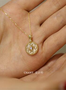 18K金白贝雪花项链 女复古宫廷雕花月光石锁骨链纯银个性圣诞礼物