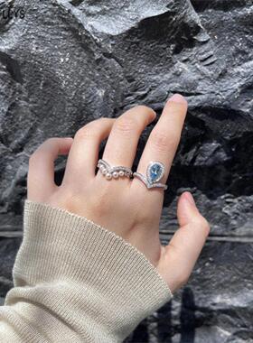 CHANT约瑟芬水滴海蓝宝戒指女纯银925蓝宝石指环心形钻石铂金钻戒