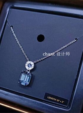 COAHC蓝色方晶项链女纯银SVB海蓝宝水晶蓝钻锁骨链奥地利时尚礼物