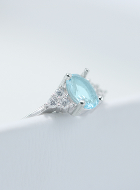 天然蛋形纯银钻石指环海蓝宝