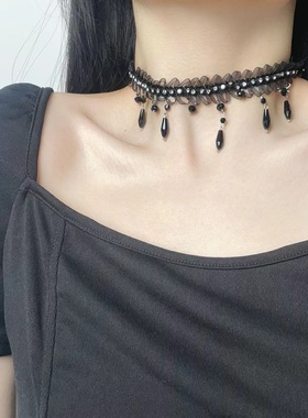 轻奢名媛黑色镶钻水滴流苏蕾丝项链时尚优雅淑女性感辣妹锁骨链女