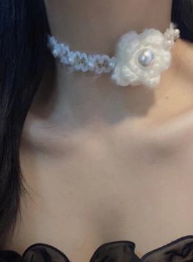超仙甜美珍珠毛绒针织花朵项链森系清新田园风优雅ins风锁骨链女