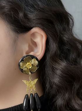 复古花朵蝴蝶水滴流苏黑色串珠项链耳环暗黑系欧美时尚高级感饰品